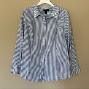 FLAWED Lane Bryant Size 24 Striped Button Up Shirt Long Sleeve Rhinestone